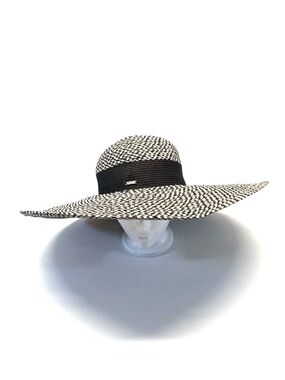 Nine West Wide Brim Woven Sun Hat - Black & White Nailshead Pattern - Like New